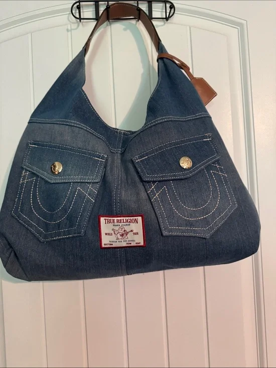 True Religion Dark Blue Denim Shoulder Bag with Front Flap Pockets