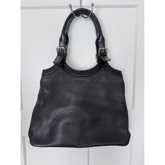 Kate Spade New York Black Pebbled Leather Tote Bag Patent Trim Red Spade Lining