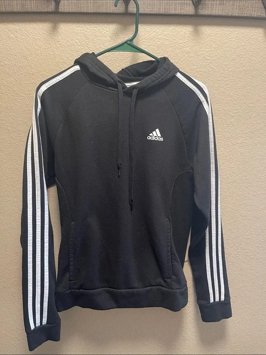 adidas Black Crewneck Hoodie with White Three-Stripe Sleeves