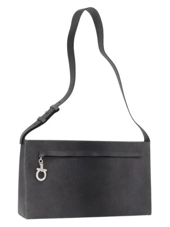 Salvatore Ferragamo Gancini Shoulder Bag Leather Gray Silver Auth hk3307