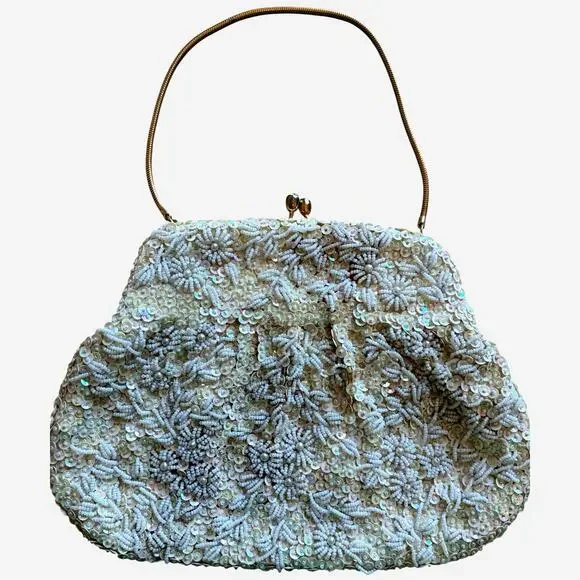 VTG 50s Italian glass beaded sequin evening purse Gold Luxury Hollywood Glam