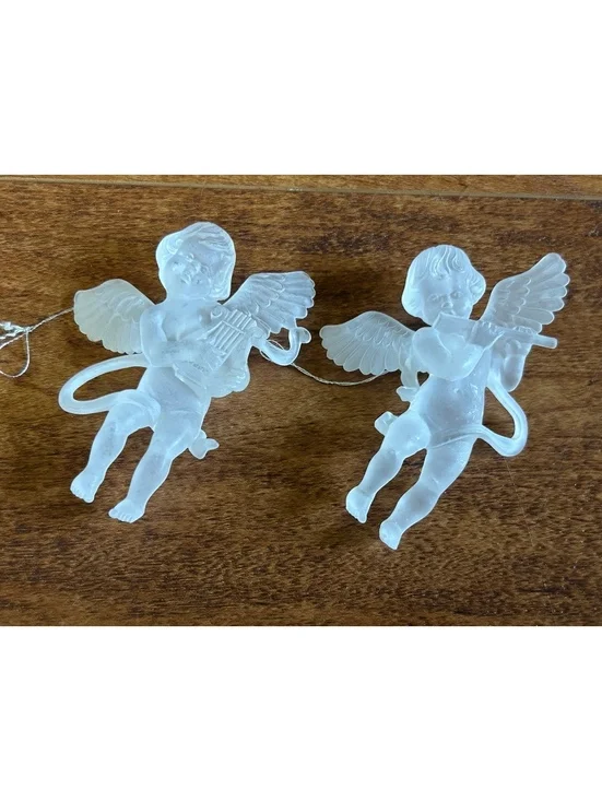 Pair of Frosted Glass Cherub Ornaments with Musical Instruments