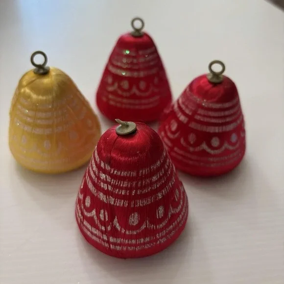 Vintage Satin Thread Christmas Bell Ornaments Set If 4 Retro Kitsch