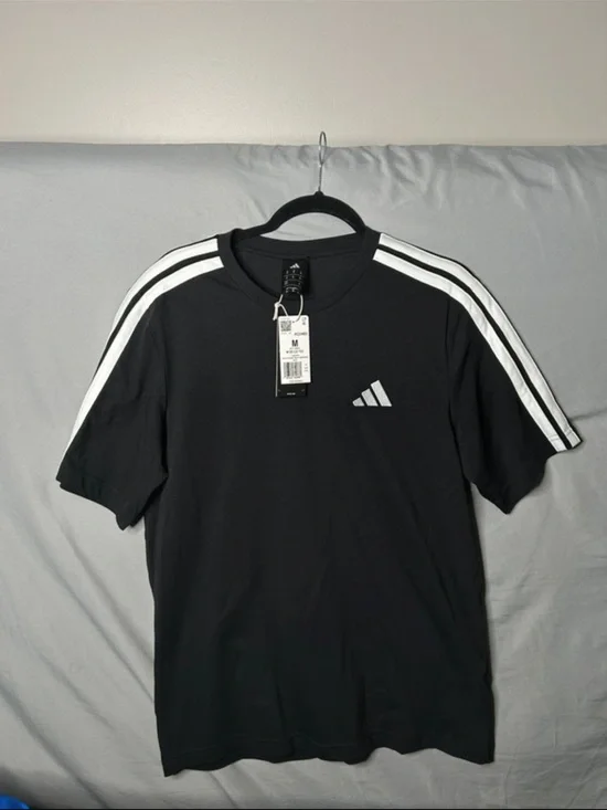 adidas Black Tee with White Shoulder Stripes