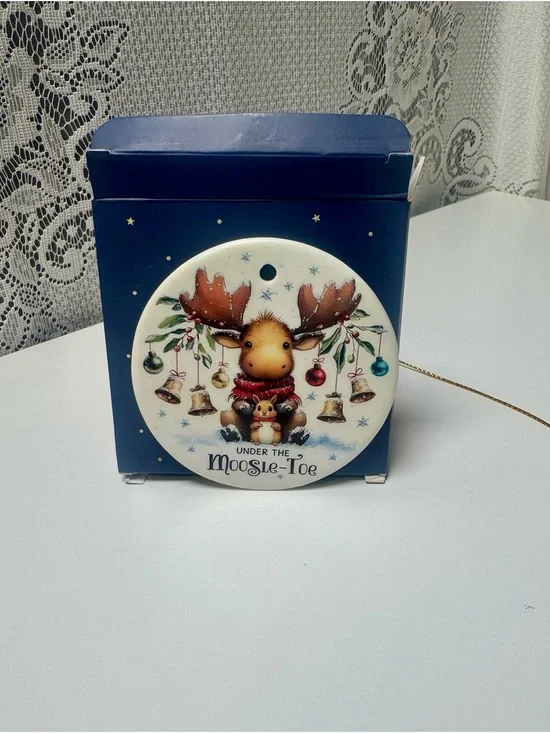 NIB Under the Moosle-Toe Holiday Ceramic Ornament - 3 inches