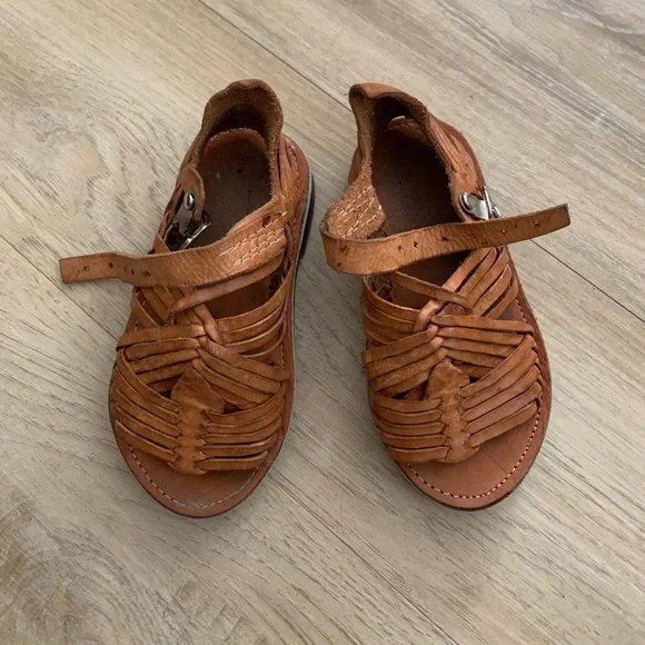 Kids Tan Woven Leather Sandals with Ankle Strap