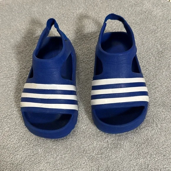 Adidas Kids Blue Sandals size baby size 3 slip on white strips‎