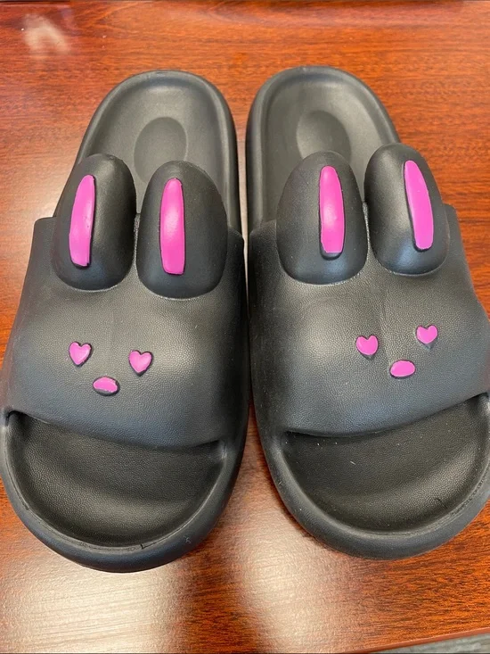 Kids Black Slide Sandals with Pink Heart Details