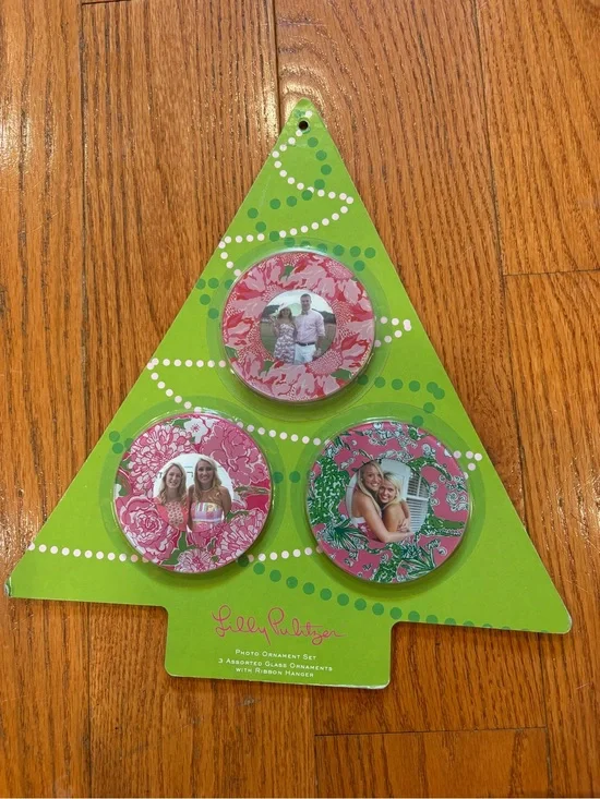 Lilly Pulitzer Photo Ornament Set 3 Glass Christmas Ornaments Pink Green NIP