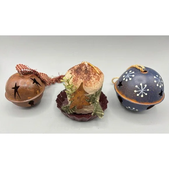 Primitive Farmhouse Christmas Decor Set Jingle Bells  Candle Rustic 3pc