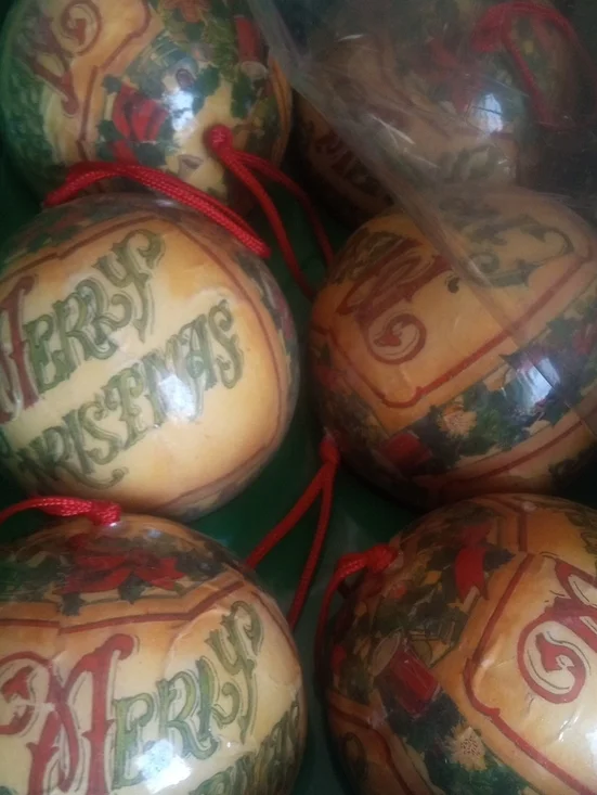 Merry Christmas VINTAGE Set Of 6 decoupage Ornaments 1960s 90mm