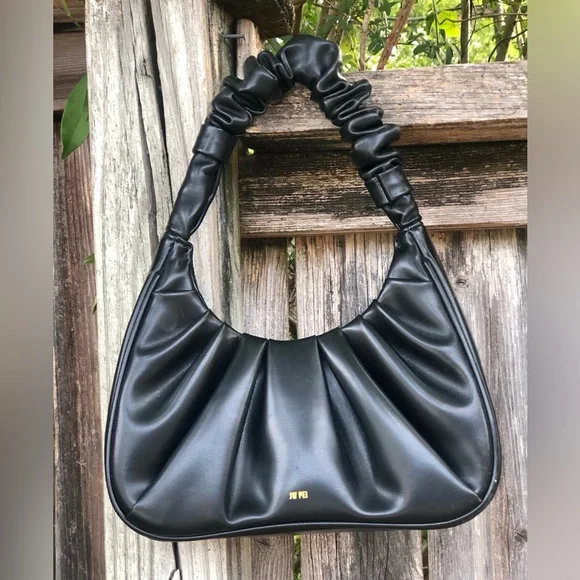 JW PEI Black Ruched Shoulder Bag with Gold Logo