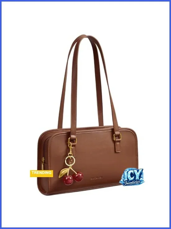 Vegan Leather Cherry Charm Shoulder Bag Gold Hardware Medium Structured Handbag