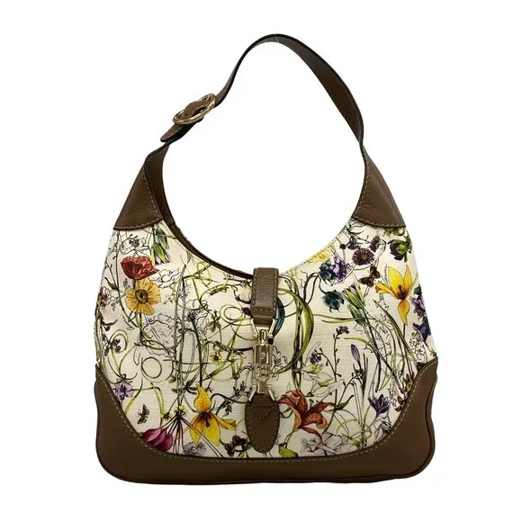Gucci Flora/New Jackie Shoulder Bag 277520 White Dark Brown Multi Canvas Leather