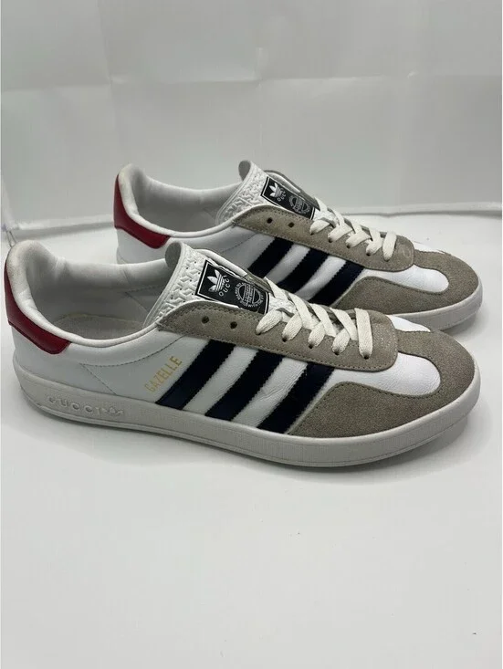 Gucci x Adidas Gazelle Mens 11 White Leather Suede Navy Red Sneakers Authentic
