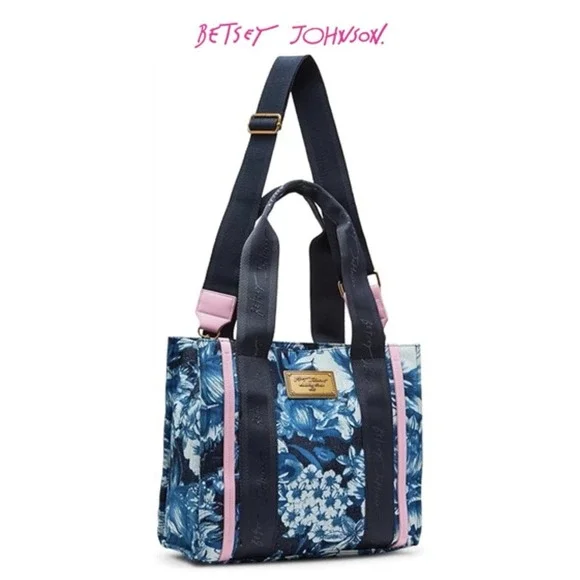 Betsey Johnson Denim Bag Tote Blue Floral Embroidered Handbag Satchel Crossbody