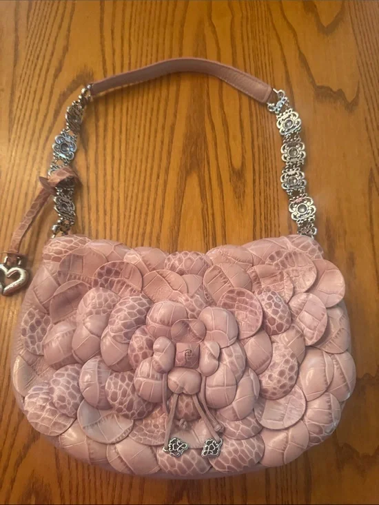 Brighton Blush Pink Floral Appliqué Shoulder Bag with Silver Hardware
