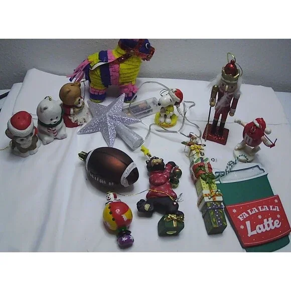 Lot of 13 Christmas Ornaments Pinata, Snoopy, M&M, Nutcracker, Bells
