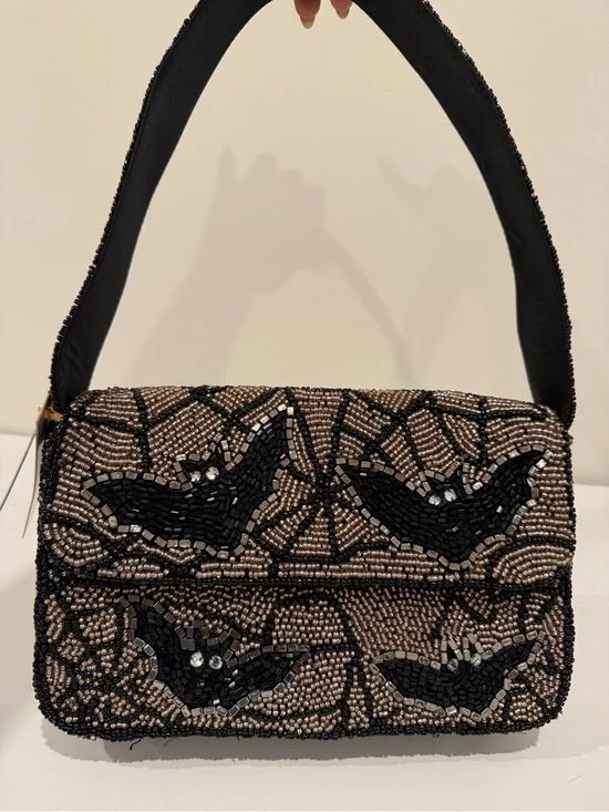 Beaded Bat Motif Shoulder Bag in Black and Champagne