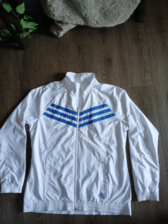 adidas Mens White Windbreaker with Blue Chevron Stripes and Logo