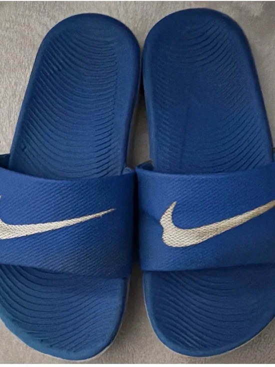 Nike Kids Blue Slide Sandals with White Swoosh Accent, Size 1Y