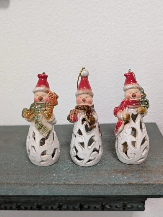 3 Snowman Snowmen Ringing Bell Ceramic Figurines Christmas Holiday Ornaments