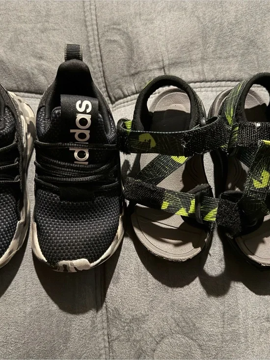 Kids adidas sneakers and Amazon sandals size 7