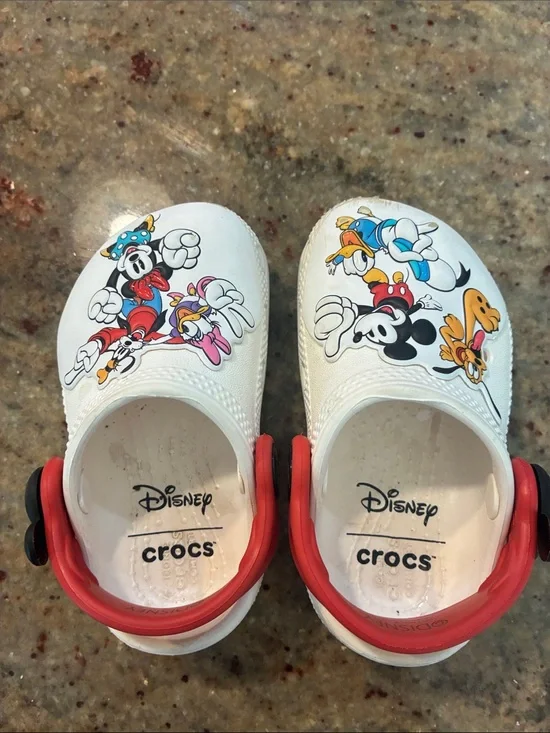 Disney White Clogs with Multicolor Mickey & Friends Graphics & Red Straps Size 5