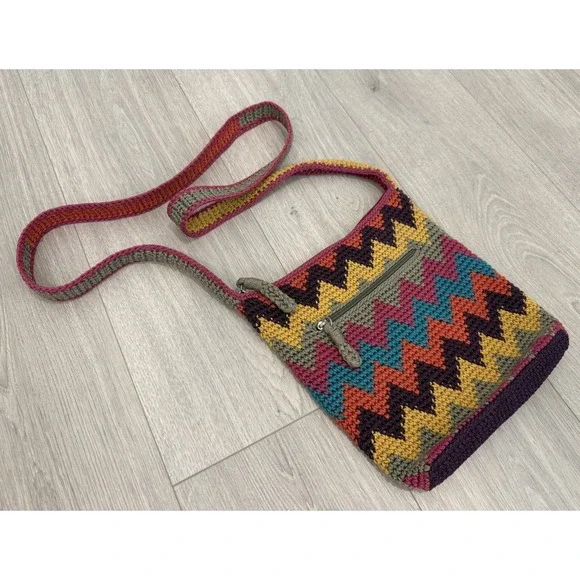 The Sak Rainbow Crochet Boho Zig Zag Chevron Shoulder Bag Multi Color Crossbody