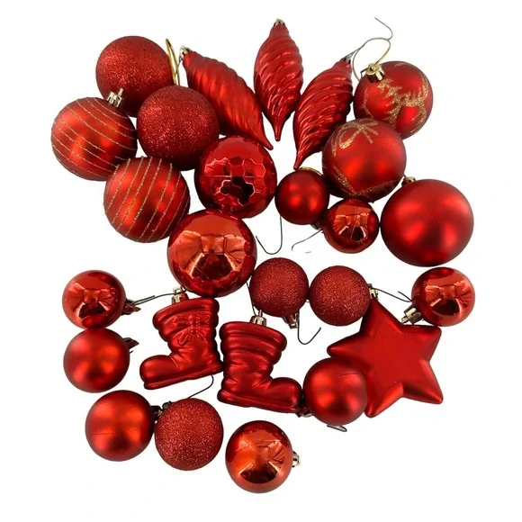 Lot 25 Christmas Ornaments Frosted Bells Striped‎ Tie-on Foil Vintage Red Retro