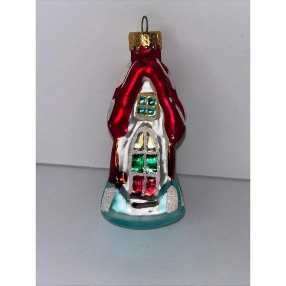 Vintage Blown Glass Christmas Cottage House Red Snowy Glitter Roof Ornament 4
