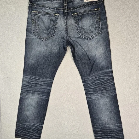 True Religion Men Jeans 38 Blue Denim Embroidered Ricky No Flap 33
