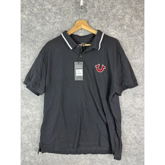 True Religion Polo Shirt Men's XL Rugby Short Sleeve Tipped Logo Graphic‎ Black