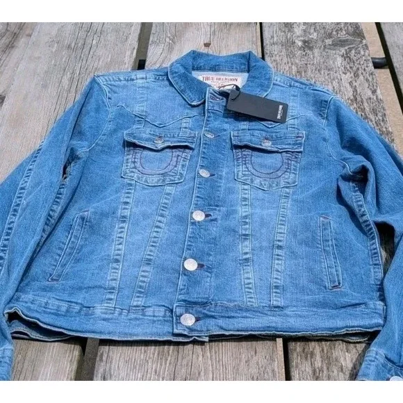 True Religion Jimmy SN Trucker Jacket Blue Denim Stretch  TR Logo Sz XL NWT $159