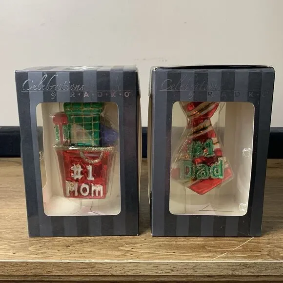 Radko Celebrations 2008 #1 Mom & #1 Dad Hand Crafted Glass Ornament Glitter Vtg