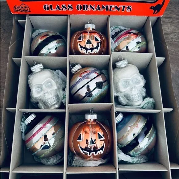 Christopher Radko Halloween Shiny Brite Pumpkin Skull Ball Ornaments 9-ct