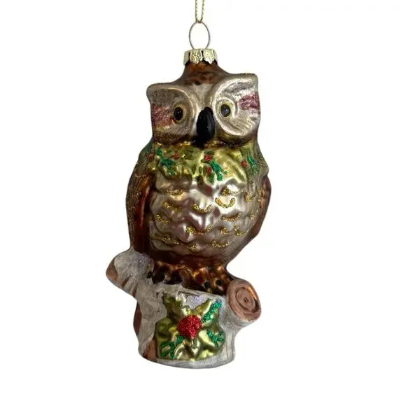 Hand Blown Rustic Owl Stump Poins Glass Ornament 5