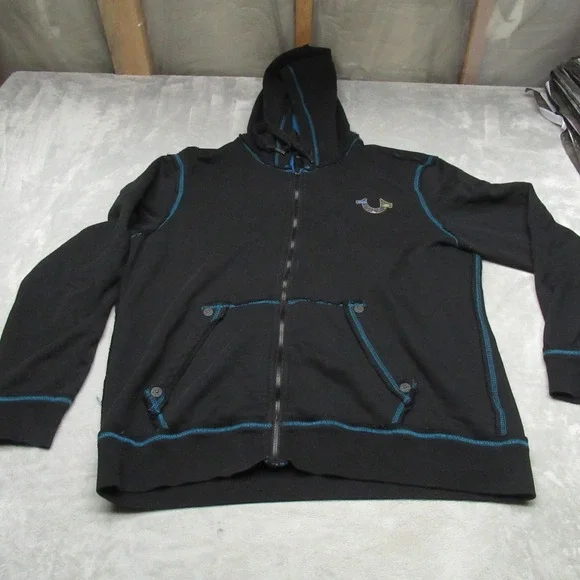 True Religion Sweatshirt Mens XL Black Full Zip Hoodie Fleece‎ Lined Graphic