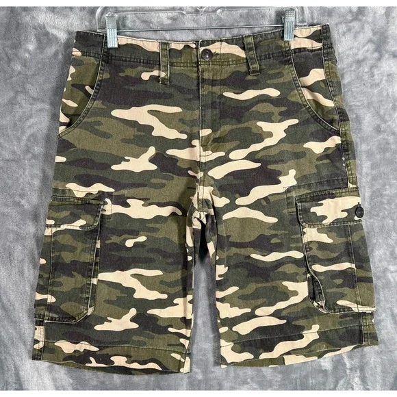 True Religion Camo Cargo Shorts Mens 30 Olive Green Military Flap Pocket 12''