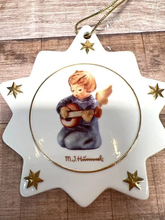 M.J. Hummel Porcelain Star Ornament With Angel Playing Mandolin & Gold Stars