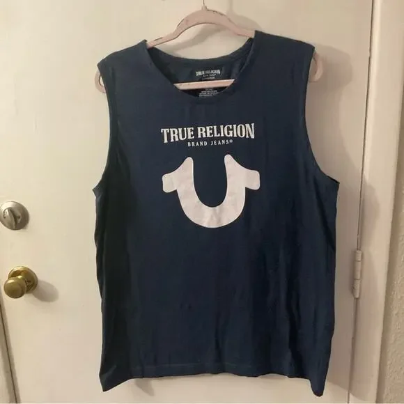 True Religion Blue/White Sleeveless Muscle T-Shirt XL Casual Preppy Classic Tank