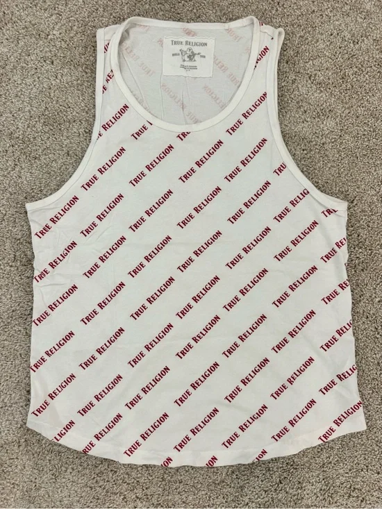 True Religion White Tank with Red Diagonal Logo Print