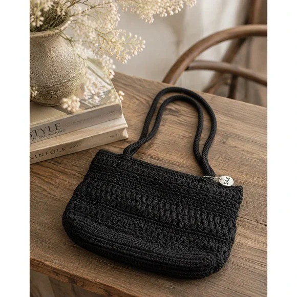 The Sak Black Crochet Shoulder Bag Small Boho Woven Zip Top Purse Silver Charm