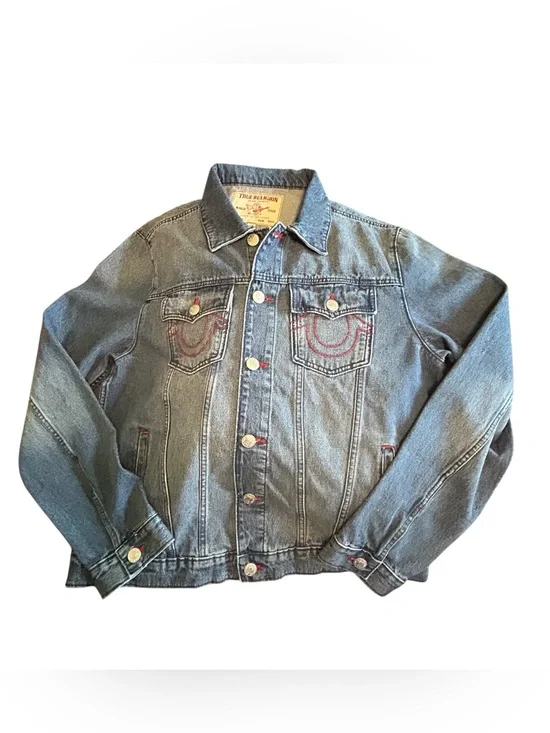 True Religion Medium Blue Denim Trucker Jacket with Red Stitching