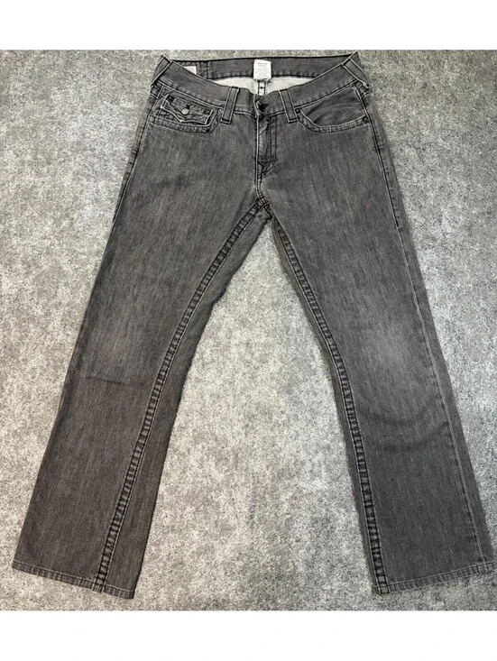 True Religion Billy Straight Leg Jeans Mens 32x28 Gray Black Made In USA Flap