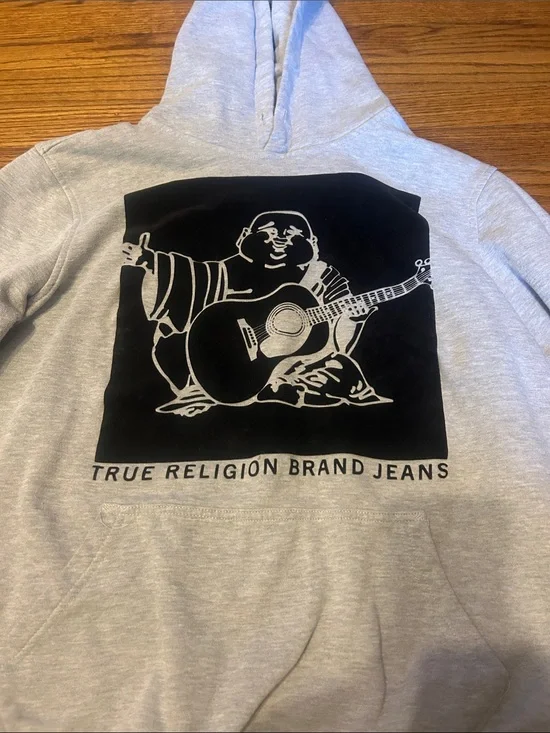 True Religion Gray Hoodie with Black Buddha Guitar Graphic