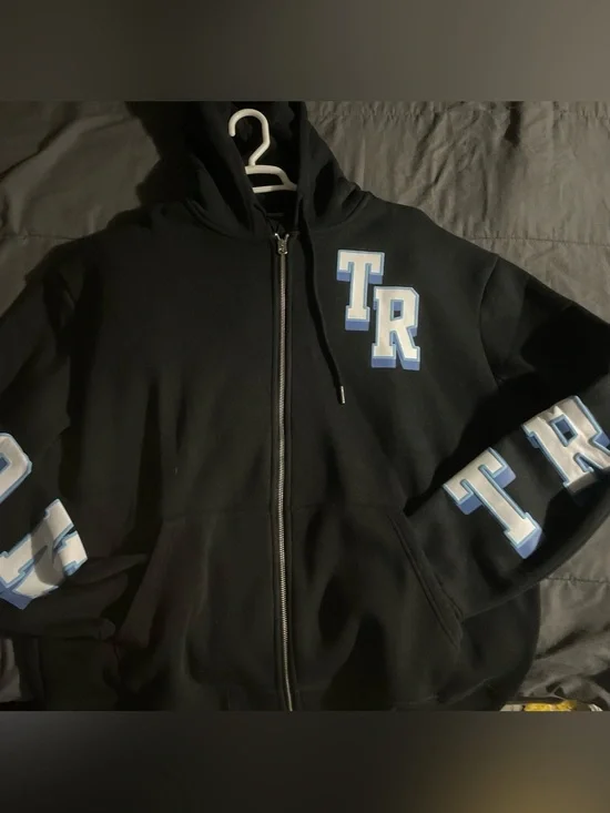 True Religion Black Zip-Up Hoodie with Light Blue & White TR Lettering