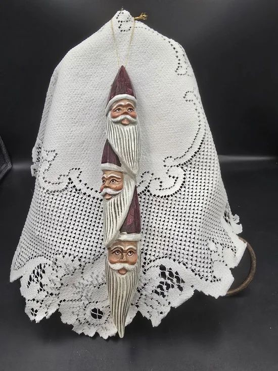 Triple Santa Hanging Ornament in White and Burgundy