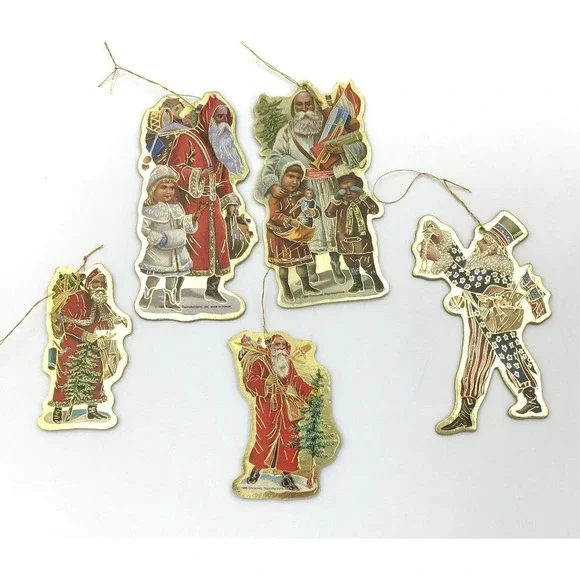 VTG Christmas Reproductions 80's Paper Foil Die Cut Ornaments 5 Santa Victorian