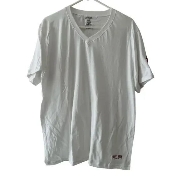 True Religion New Large V Neck White Cotton T Shirt Short Sleeves
